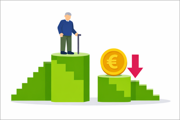 Ein älterer Mann steht auf einer hohen Plattform, während daneben absteigende Stufen mit kleiner werdenden Münzstapeln und ein Abwärtspfeil das sinkende Rentenniveau veranschaulichen.